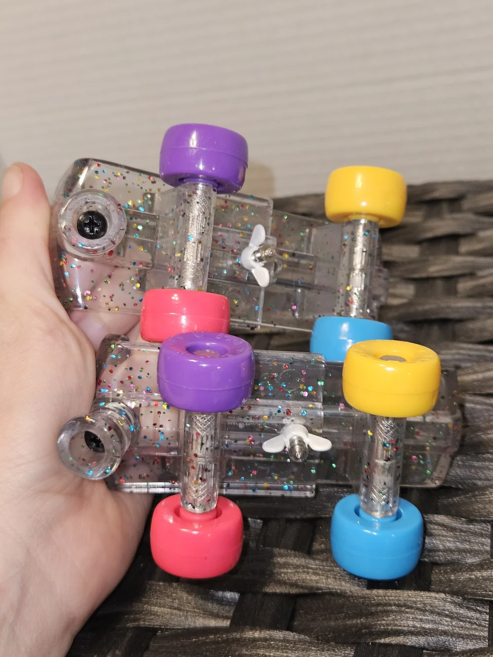 Build-A-Bear Clear Glitter Roller Skate Toy with Pink, Blue & Purple Wheels